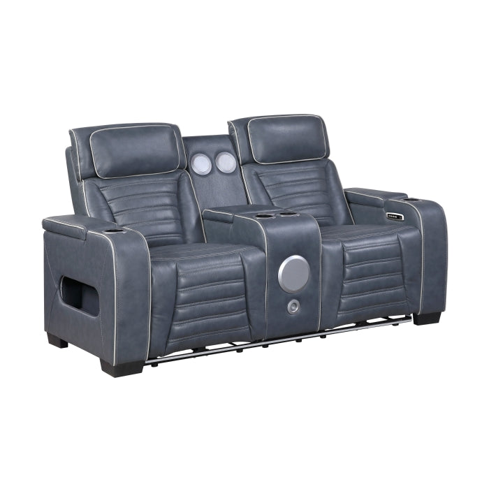 Cyber Blue Power Double Reclining Loveseat With Center Console Power Headrests Storage Arms Cup Holders Wireless Speakers With Sub-woofer Air Massage Heat Led Lighting And Charging Ports