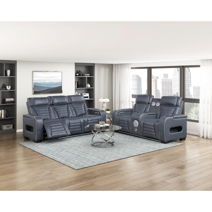 Cyber Blue Power Double Reclining Sofa With Center Drop-down Cup Holders Power Headrests Storage Arms Cup Holders Reading Lights Wireless Charger Air Massage Heat Led Lighting And Charging Ports