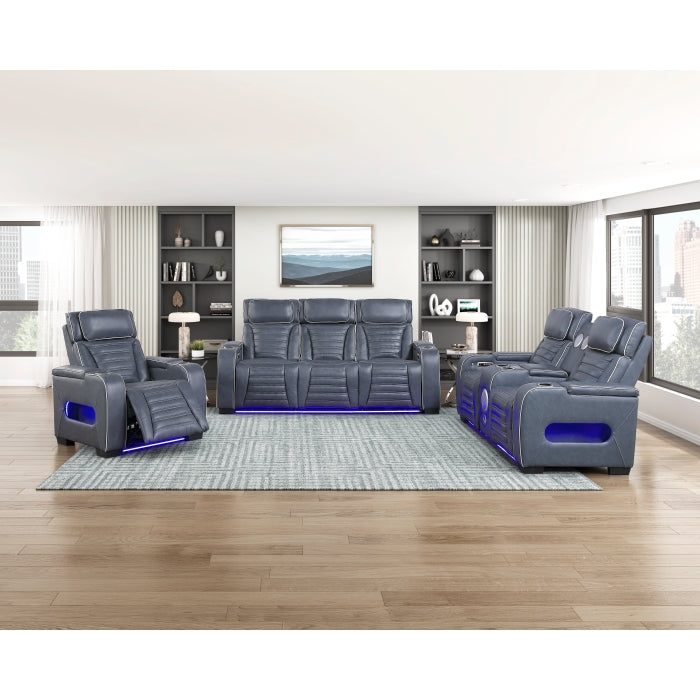 Cyber Blue Power Double Reclining Sofa With Center Drop-down Cup Holders Power Headrests Storage Arms Cup Holders Reading Lights Wireless Charger Air Massage Heat Led Lighting And Charging Ports