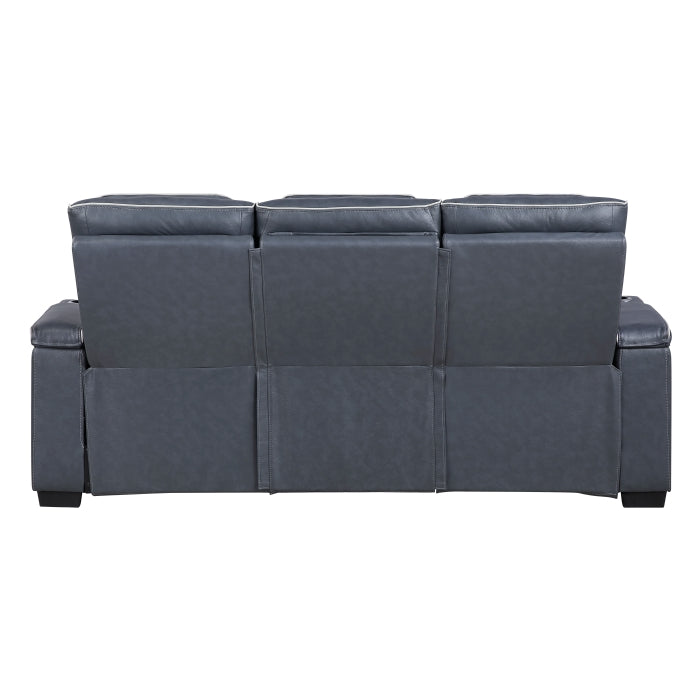 Cyber Blue Power Double Reclining Sofa With Center Drop-down Cup Holders Power Headrests Storage Arms Cup Holders Reading Lights Wireless Charger Air Massage Heat Led Lighting And Charging Ports
