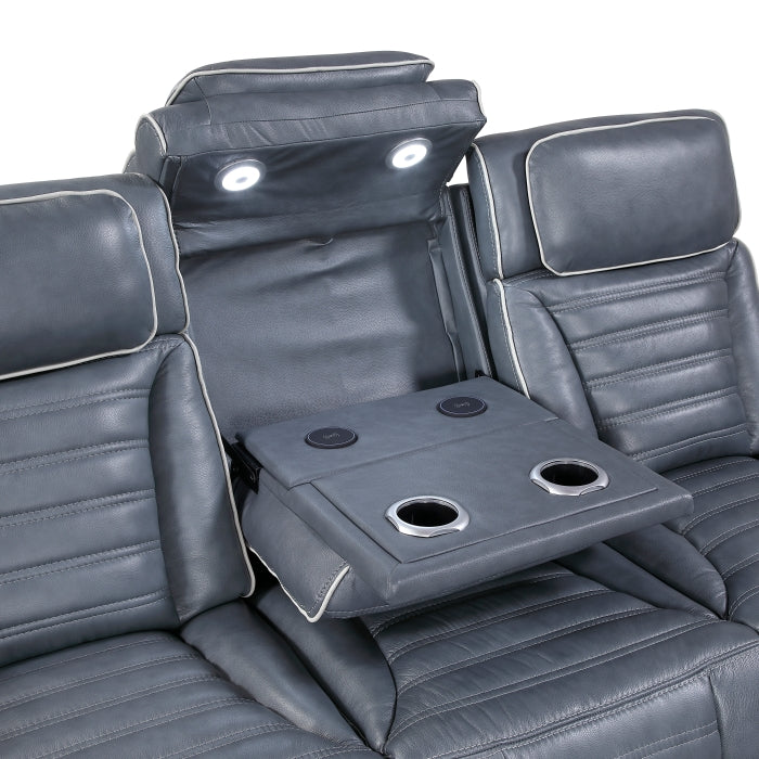 Cyber Blue Power Double Reclining Sofa With Center Drop-down Cup Holders Power Headrests Storage Arms Cup Holders Reading Lights Wireless Charger Air Massage Heat Led Lighting And Charging Ports