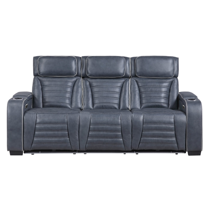 Cyber Blue Power Double Reclining Sofa With Center Drop-down Cup Holders Power Headrests Storage Arms(Top And Side) Cup Holders Reading Lights Wireless Charger Air Massage Heat Led Lighting And Charging Ports