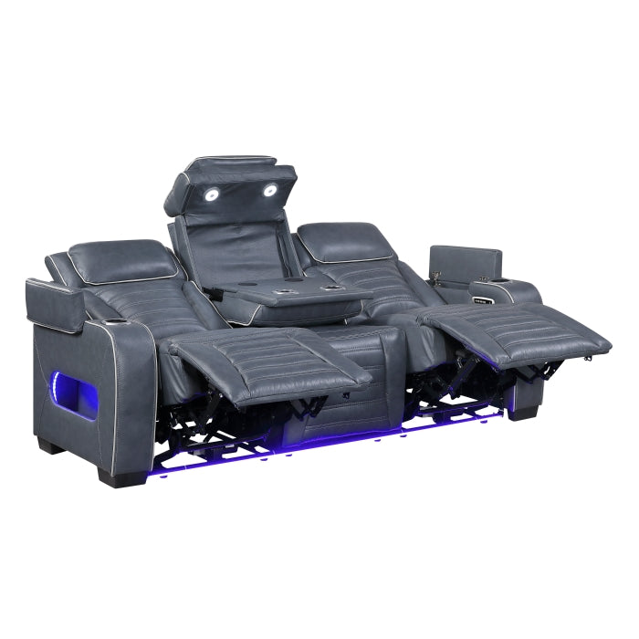 Cyber Blue Power Double Reclining Sofa With Center Drop-down Cup Holders Power Headrests Storage Arms Cup Holders Reading Lights Wireless Charger Air Massage Heat Led Lighting And Charging Ports