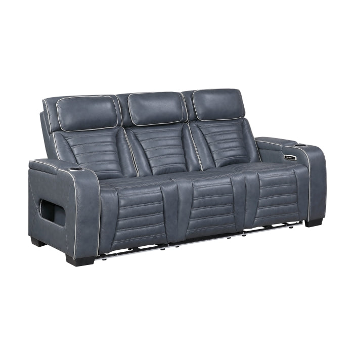 Cyber Blue Power Double Reclining Sofa With Center Drop-down Cup Holders Power Headrests Storage Arms Cup Holders Reading Lights Wireless Charger Air Massage Heat Led Lighting And Charging Ports