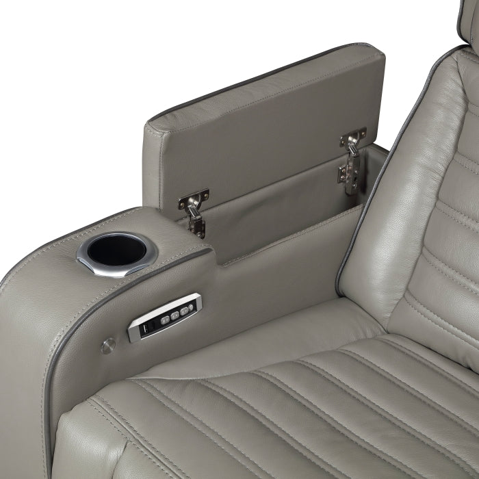 Cyber Gray Power Double Reclining Sofa With Center Drop-down Cup Holders Power Headrests Storage Arms Cup Holders Reading Lights Wireless Charger Air Massage Heat Led Lighting And Charging Ports