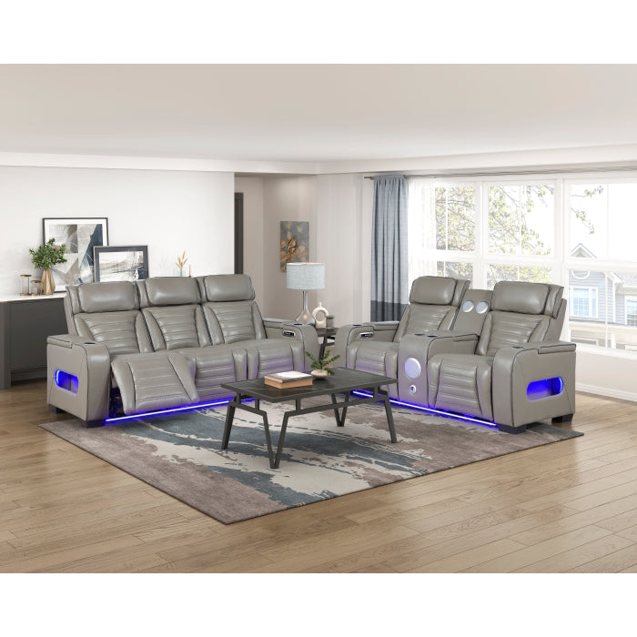 Cyber Gray Power Double Reclining Sofa With Center Drop-down Cup Holders Power Headrests Storage Arms Cup Holders Reading Lights Wireless Charger Air Massage Heat Led Lighting And Charging Ports