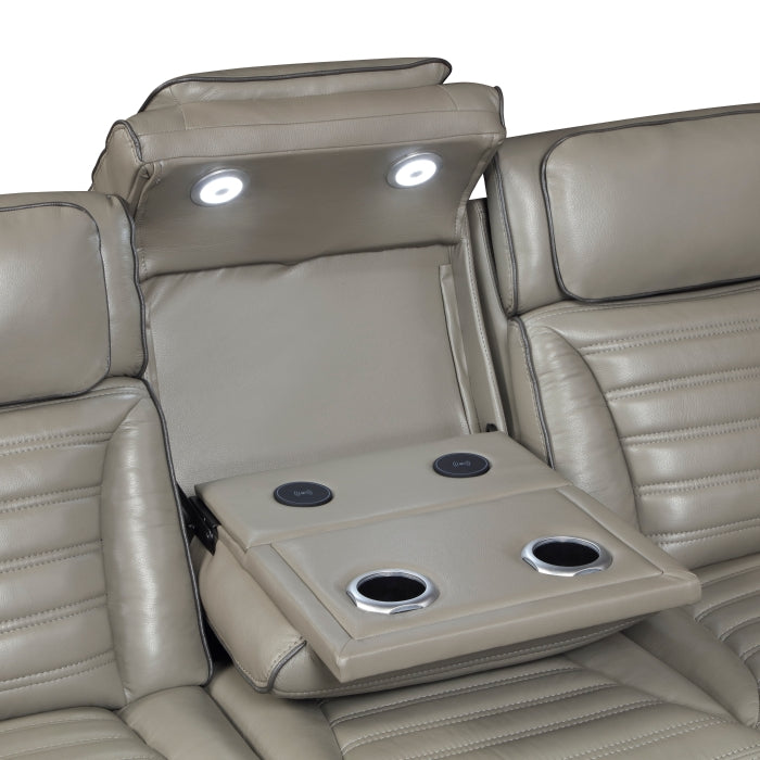 Cyber Gray Power Double Reclining Sofa With Center Drop-down Cup Holders Power Headrests Storage Arms Cup Holders Reading Lights Wireless Charger Air Massage Heat Led Lighting And Charging Ports