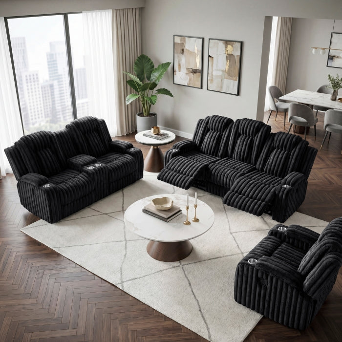 Phyllis Black Double Reclining Sofa With Cup Holders