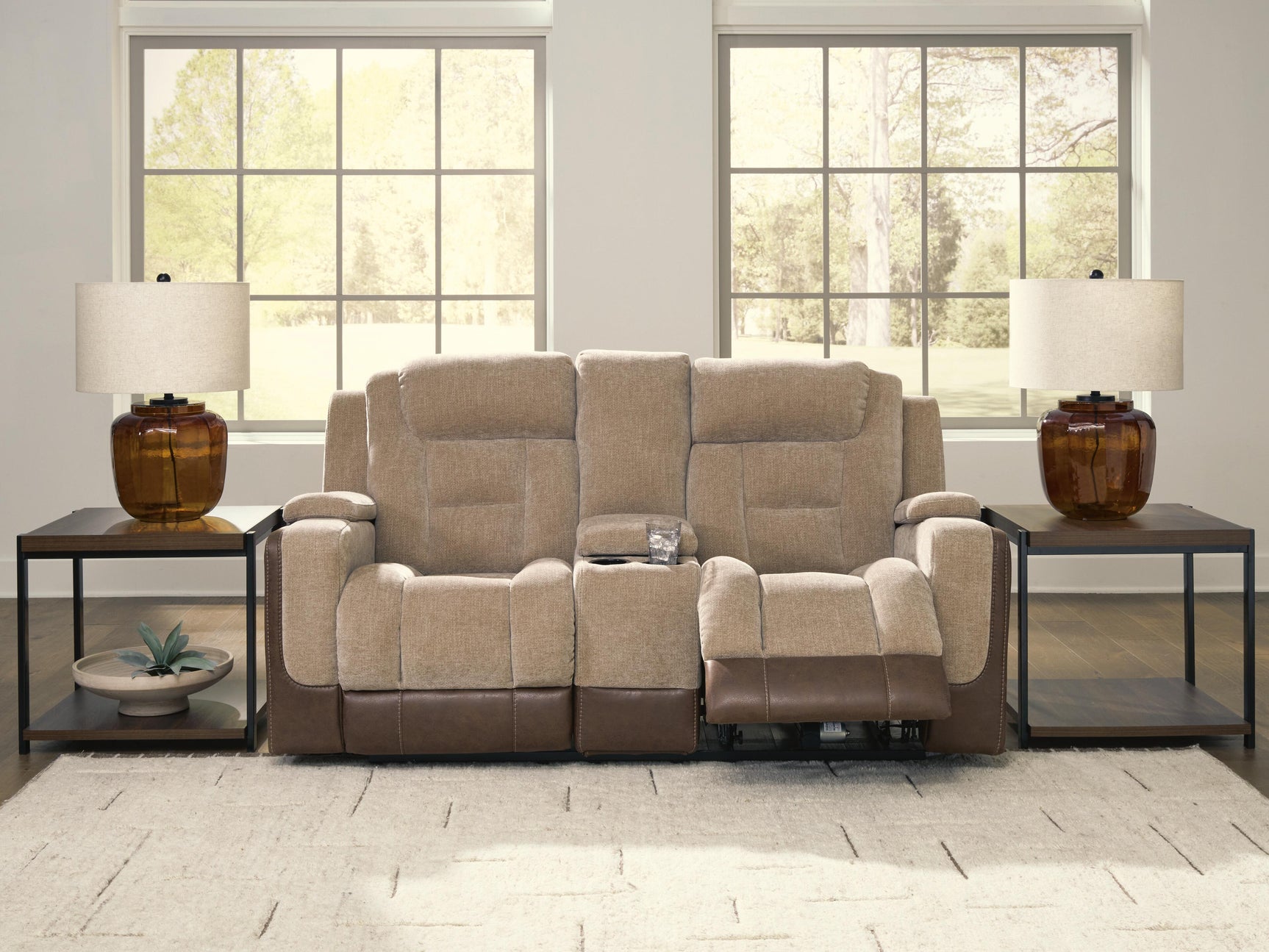 Mixed Motion Brownstone Power Reclining Loveseat with Console