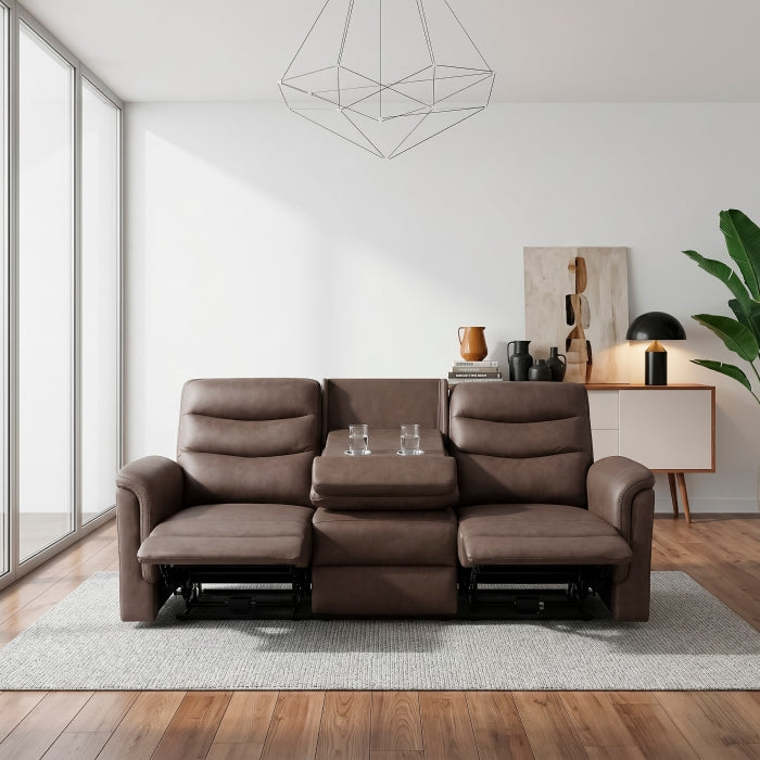 Metric Brown Double Reclining Sofa With Drop-down Cup Holders