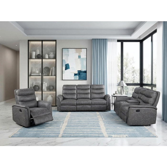 Metric Gray Double Reclining Sofa With Drop-down Cup Holders