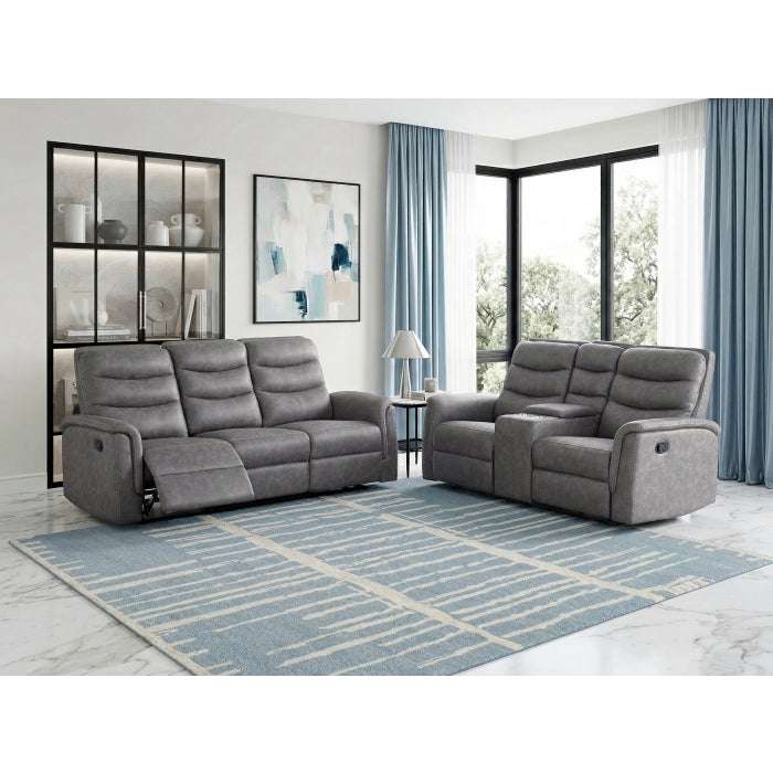 Metric Gray Double Reclining Sofa With Drop-down Cup Holders