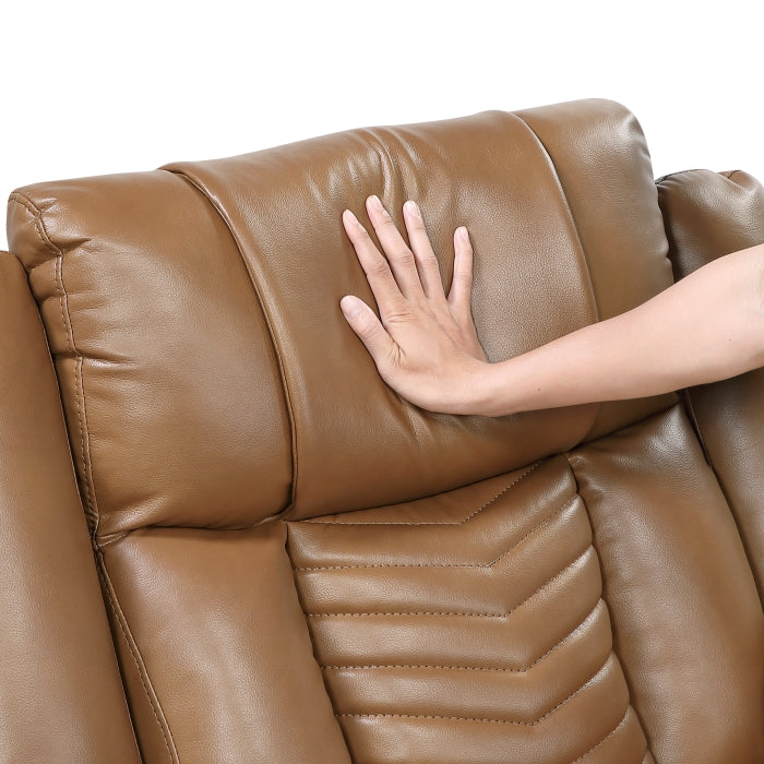 Huron Brown Power Double Reclining Sofa With Center Drop-down Cup Holders Wireless Charger Magazine Bag Led And Charging Ports
