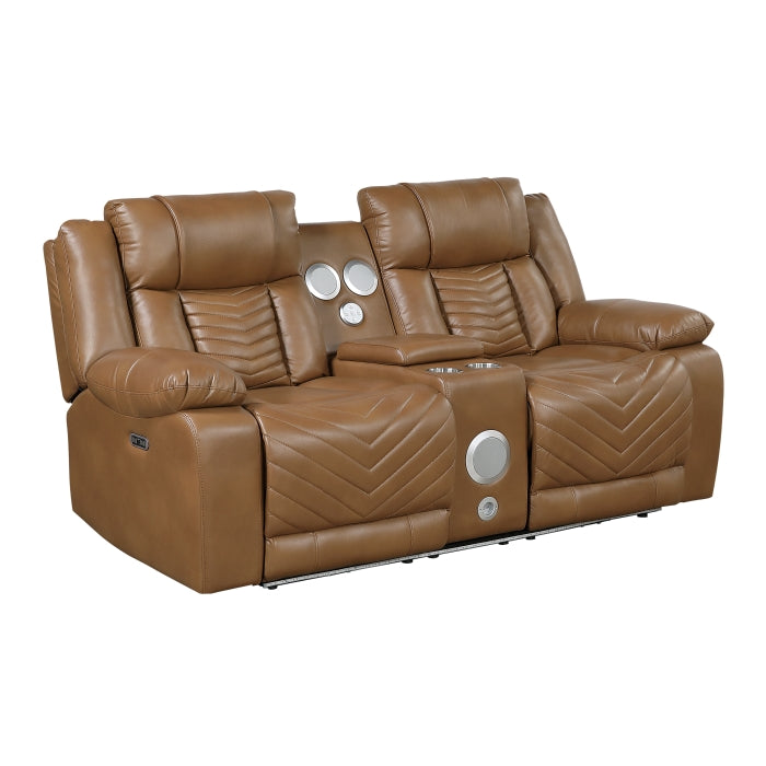 Huron Brown Power Double Reclining Loveseat With Center Console Wireless Speakers Led And Charging Ports