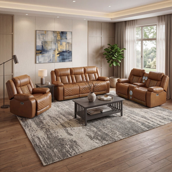 Huron Brown Power Double Reclining Sofa With Center Drop-down Cup Holders Wireless Charger Magazine Bag Led And Charging Ports