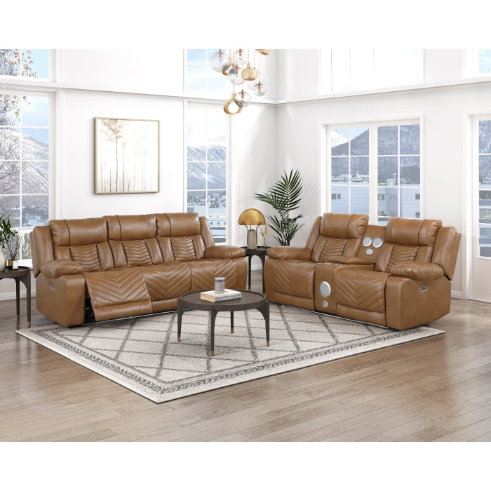 Huron Brown Power Double Reclining Sofa With Center Drop-down Cup Holders Wireless Charger Magazine Bag Led And Charging Ports