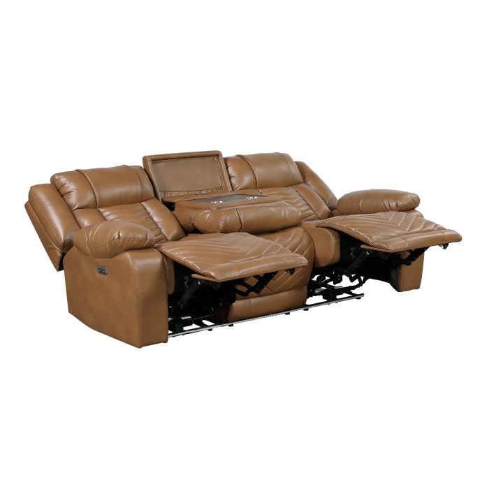 Huron Brown Power Double Reclining Sofa With Center Drop-down Cup Holders Wireless Charger Magazine Bag Led And Charging Ports