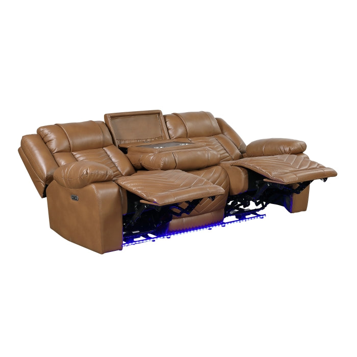 Huron Brown Power Double Reclining Sofa With Center Drop-down Cup Holders Wireless Charger Magazine Bag Led And Charging Ports