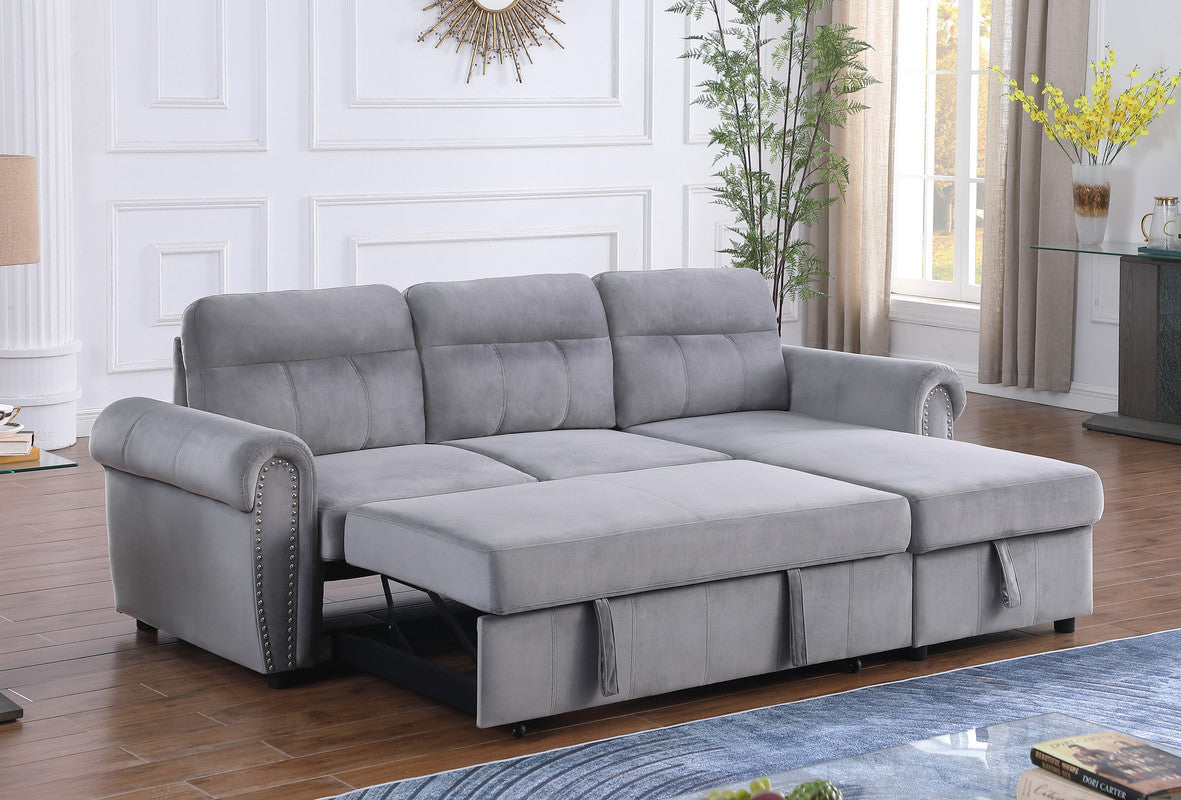Ashton Gray 96.5"W Velvet Reversible Sleeper Sectional Sofa with Chaise