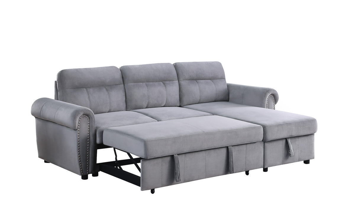 Ashton Gray 96.5"W Velvet Reversible Sleeper Sectional Sofa with Chaise
