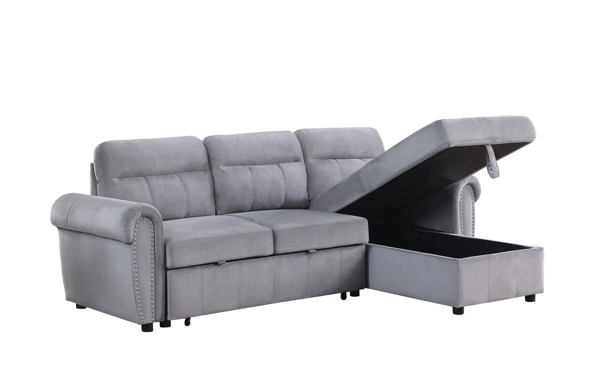 Ashton Gray 96.5"W Velvet Reversible Sleeper Sectional Sofa with Chaise