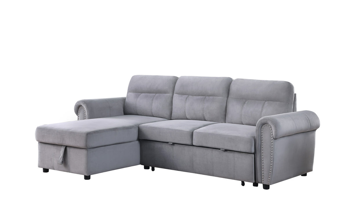 Ashton Gray 96.5"W Velvet Reversible Sleeper Sectional Sofa with Chaise