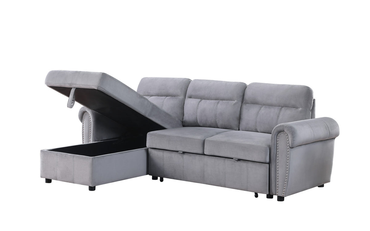Ashton Gray 96.5"W Velvet Reversible Sleeper Sectional Sofa with Chaise