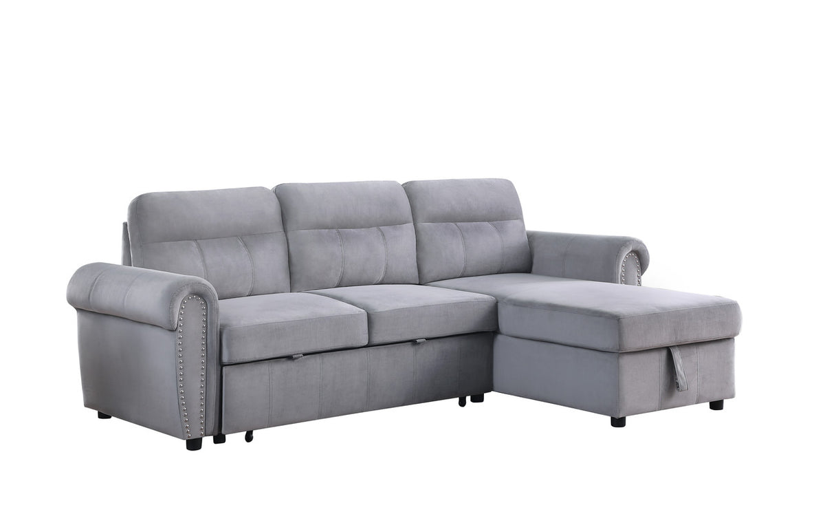 Ashton Gray 96.5"W Velvet Reversible Sleeper Sectional Sofa with Chaise