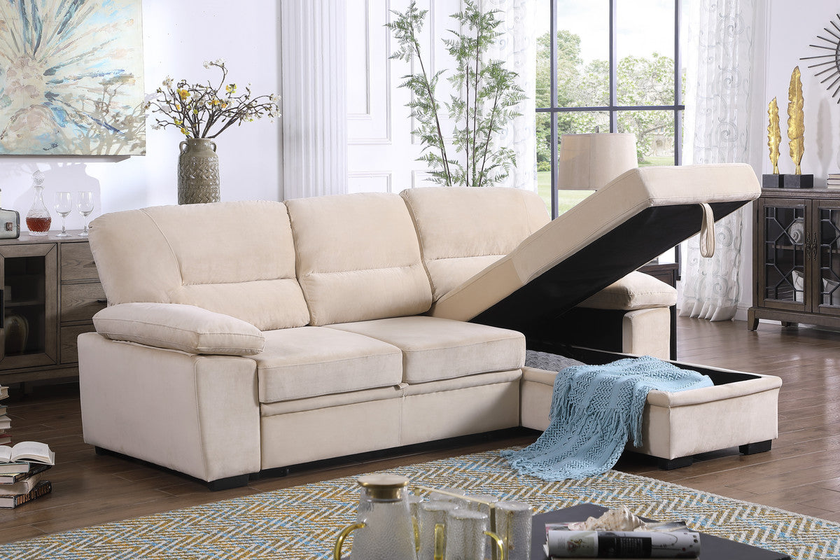 Kipling Beige 97.5"W Velvet Reversible Sleeper Sectional Sofa with Chaise