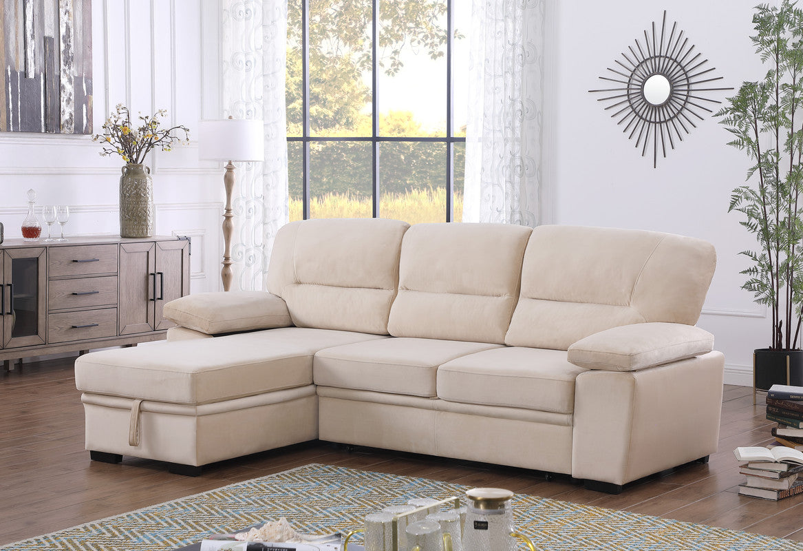Kipling Beige 97.5"W Velvet Reversible Sleeper Sectional Sofa with Chaise