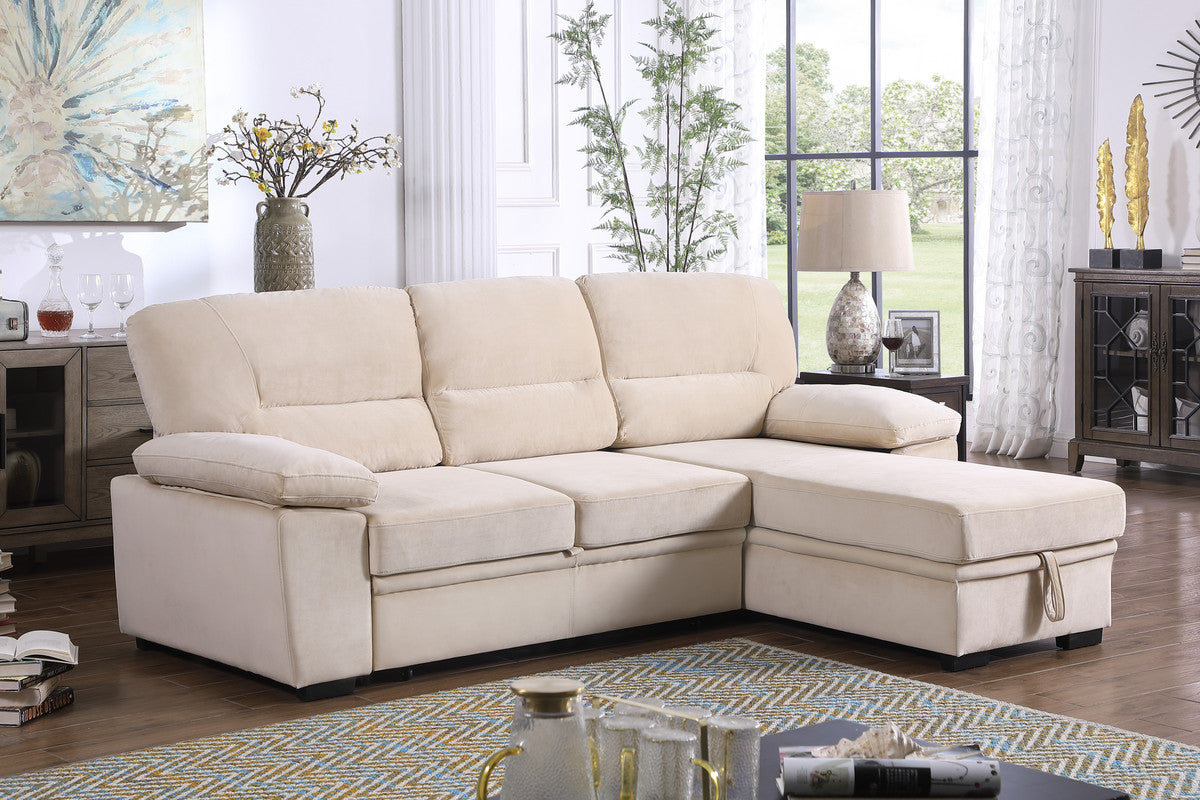 Kipling Beige 97.5"W Velvet Reversible Sleeper Sectional Sofa with Chaise