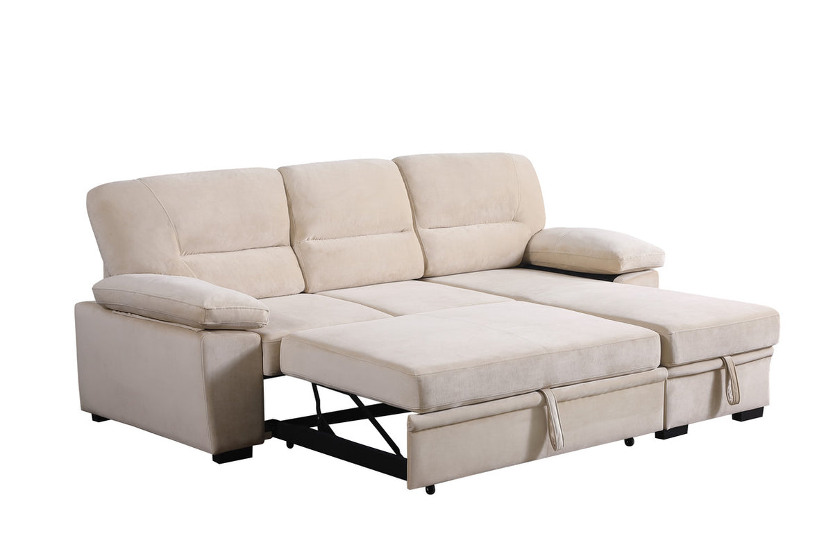 Kipling Beige 97.5"W Velvet Reversible Sleeper Sectional Sofa with Chaise