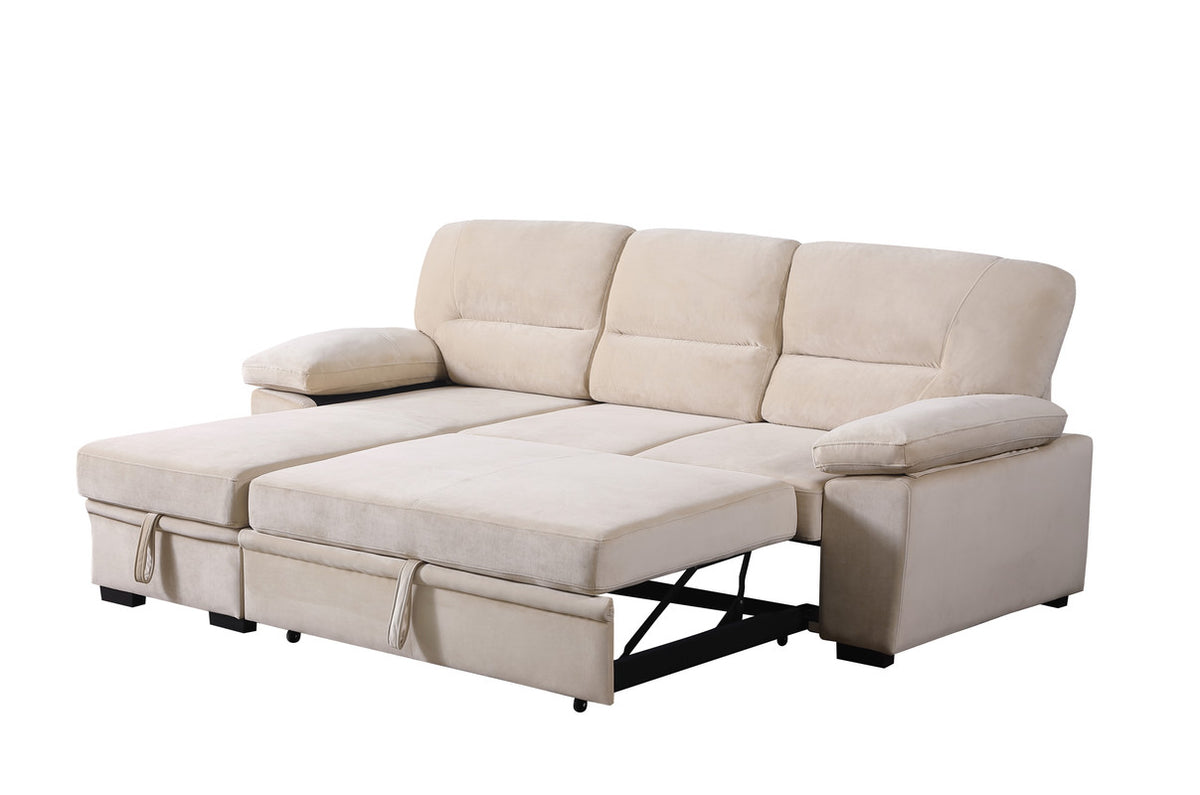 Kipling Beige 97.5"W Velvet Reversible Sleeper Sectional Sofa with Chaise