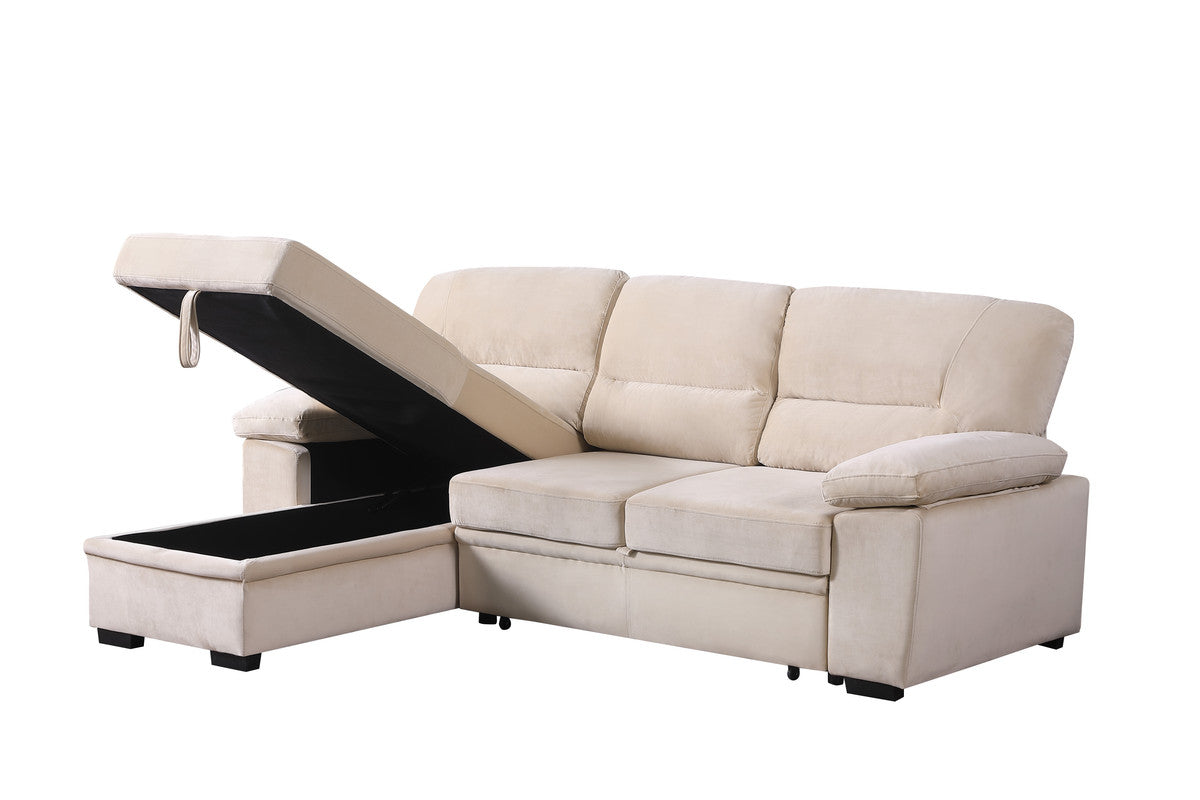 Kipling Beige 97.5"W Velvet Reversible Sleeper Sectional Sofa with Chaise