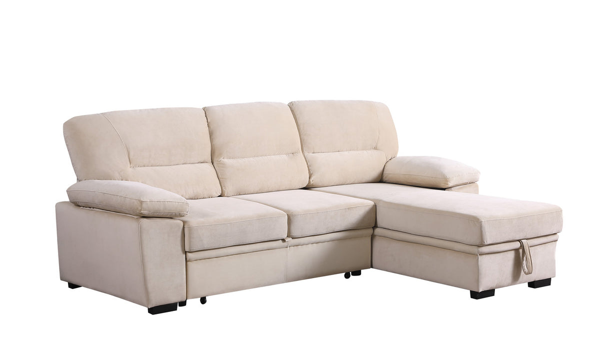Kipling Beige 97.5"W Velvet Reversible Sleeper Sectional Sofa with Chaise