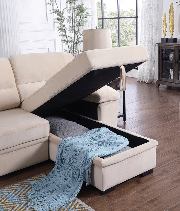 Kipling Beige 97.5"W Velvet Reversible Sleeper Sectional Sofa with Chaise