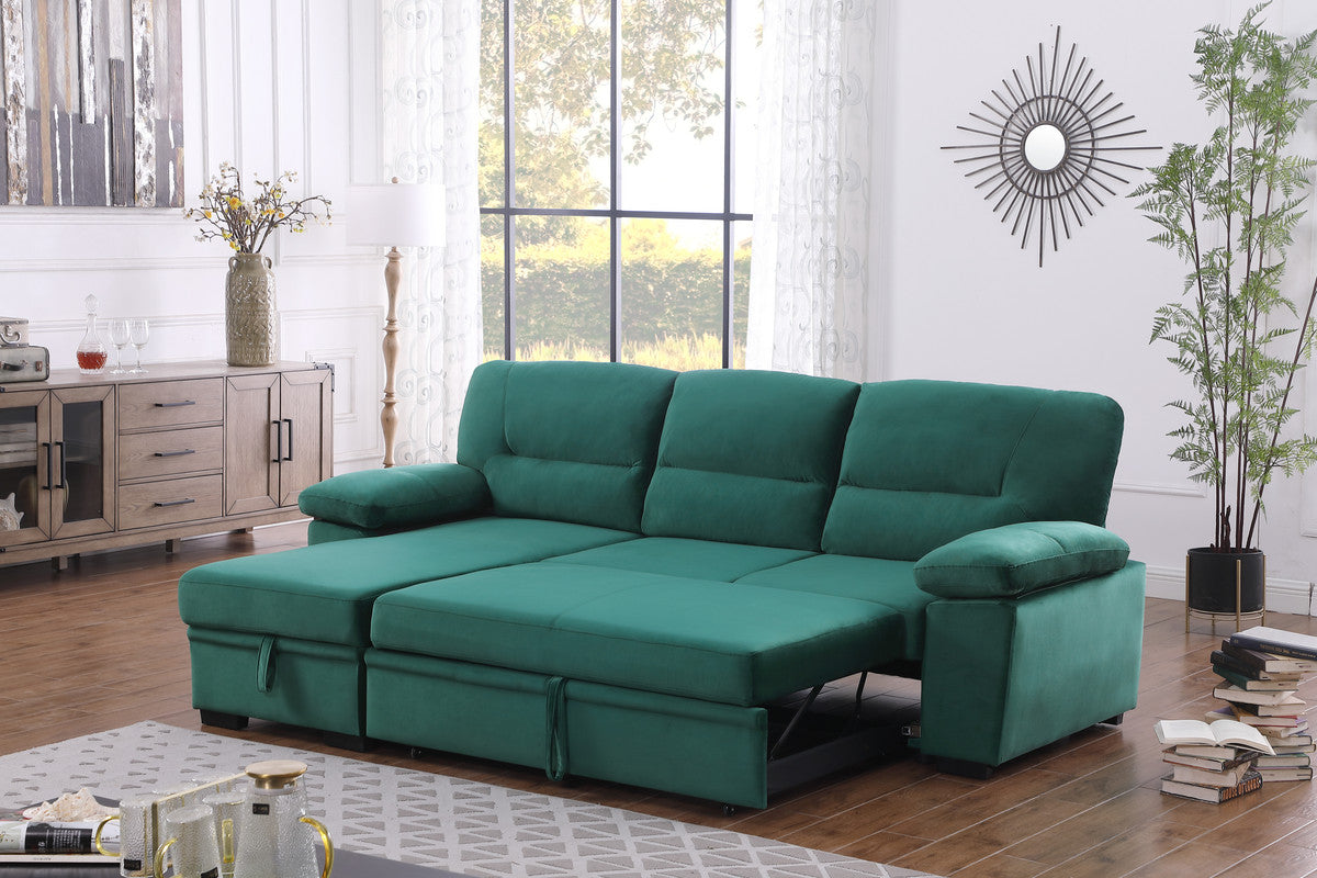 Kipling Green 97.5"W Velvet Reversible Sleeper Sectional Sofa with Chaise
