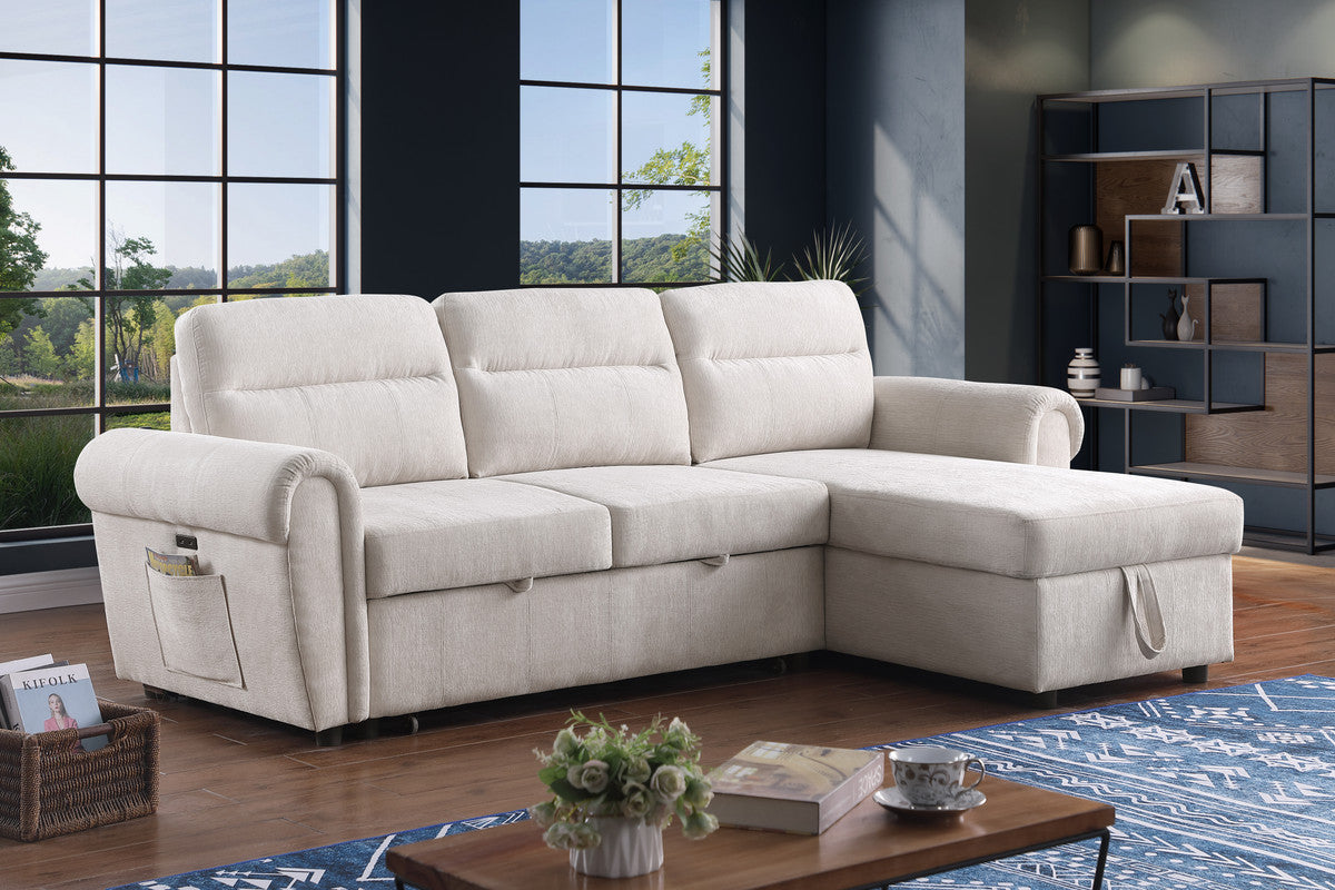 Hugo Beige 97"W Chenille Reversible Sleeper Sectional Sofa with Left-Facing Chaise