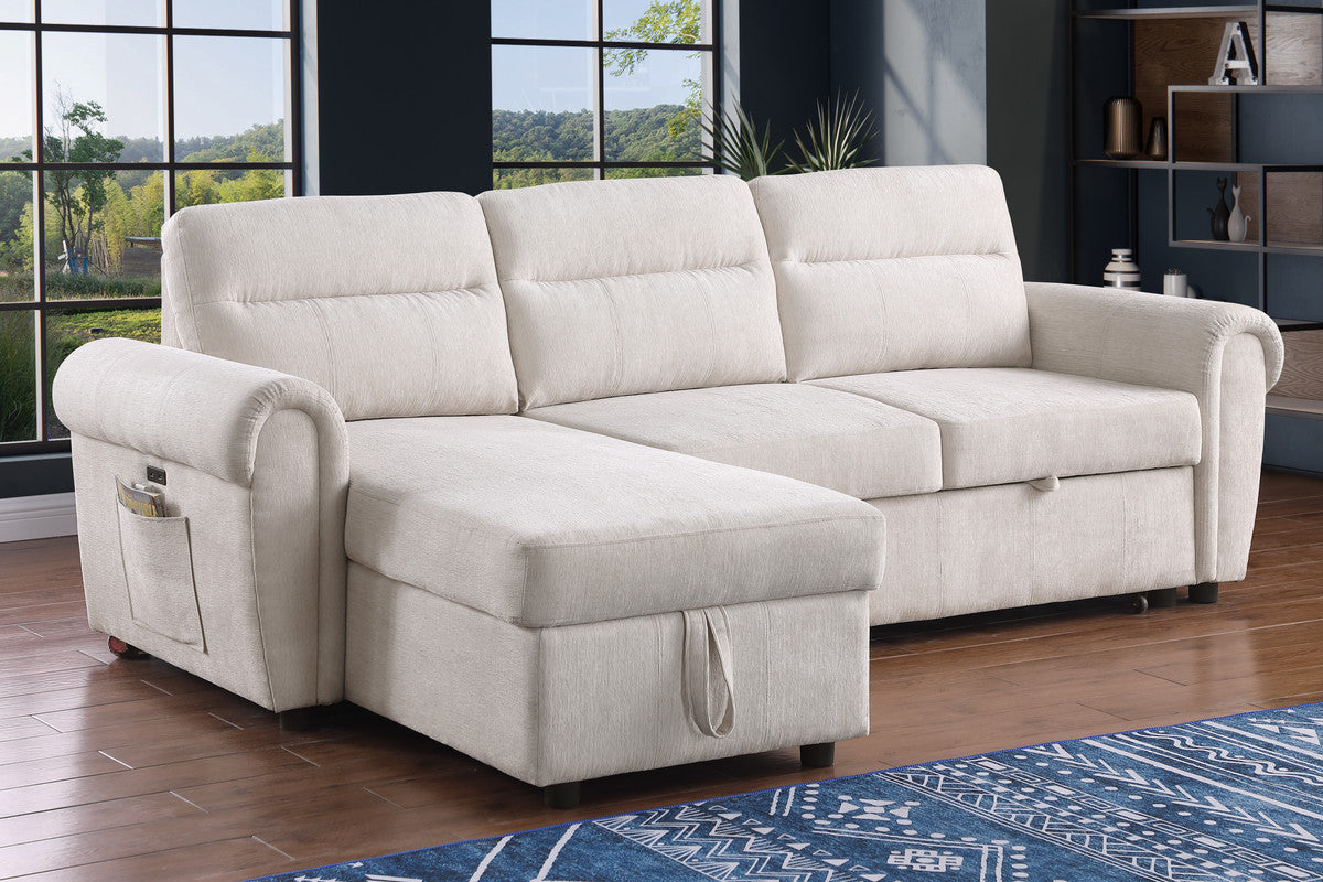Hugo Beige 97"W Chenille Reversible Sleeper Sectional Sofa with Left-Facing Chaise