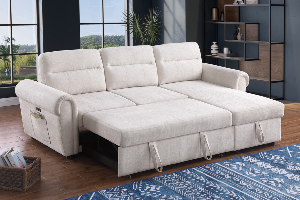 Hugo Beige 97"W Chenille Reversible Sleeper Sectional Sofa with Left-Facing Chaise
