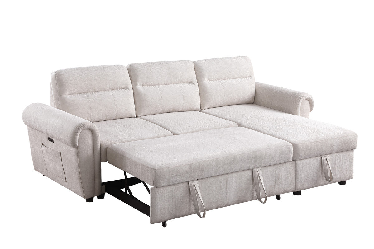 Hugo Beige 97"W Chenille Reversible Sleeper Sectional Sofa with Left-Facing Chaise