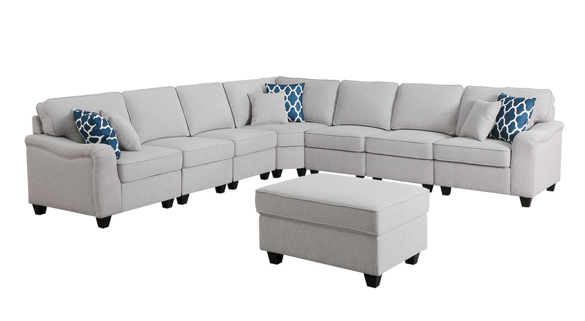Leo Light Gray 125"W Linen 8-Piece Modular L-Shape Sectional Sofa with Ottoman