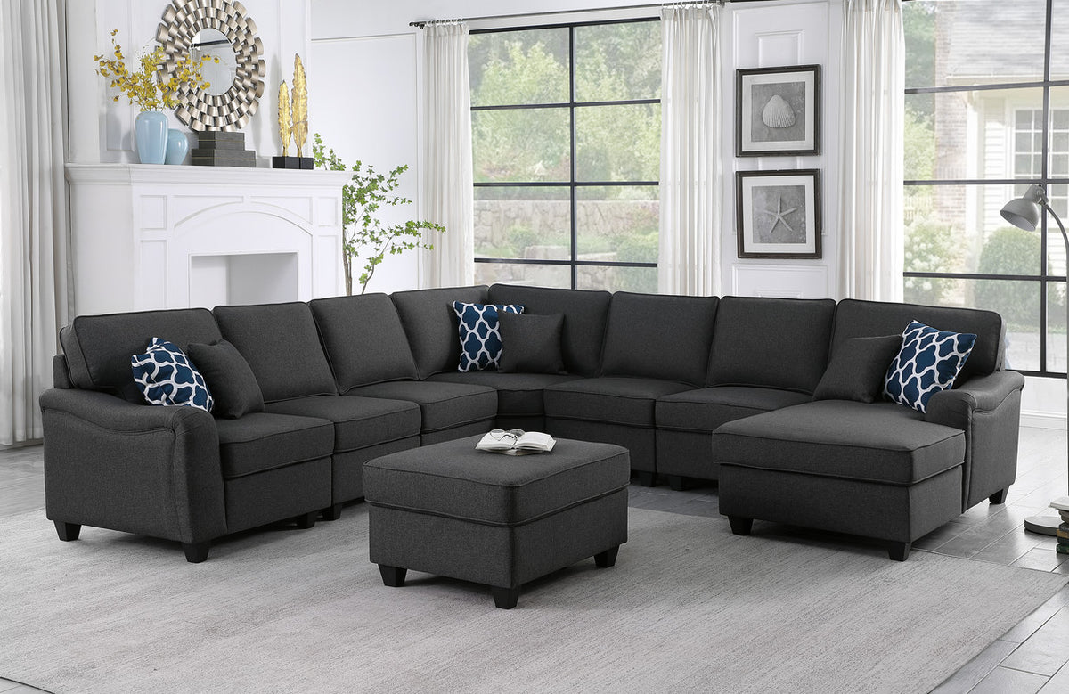 Leo Dark Gray 125"W Linen Modular L-Shape Sectional Sofa with Right-Facing Chaise & Ottoman