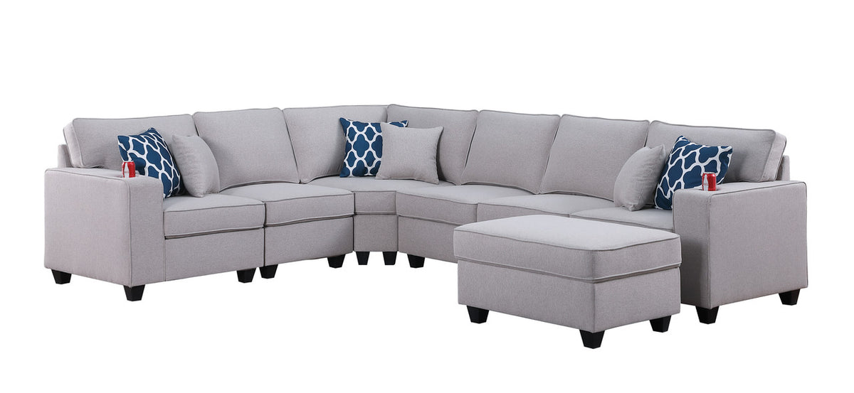 Cooper Light Gray 125"W Linen Reversible L-Shape Sectional Sofa with Ottoman