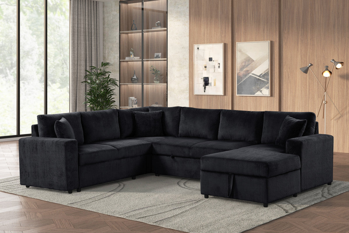 Ruxley Black 123"W Corduroy Sleeper Sectional Sofa with Right-Facing Storage Chaise