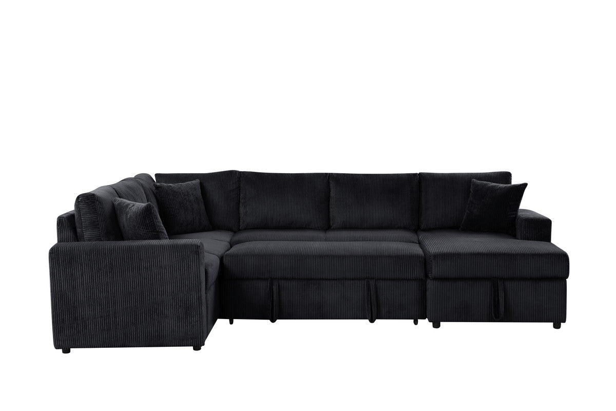 Ruxley Black 123"W Corduroy Sleeper Sectional Sofa with Right-Facing Storage Chaise