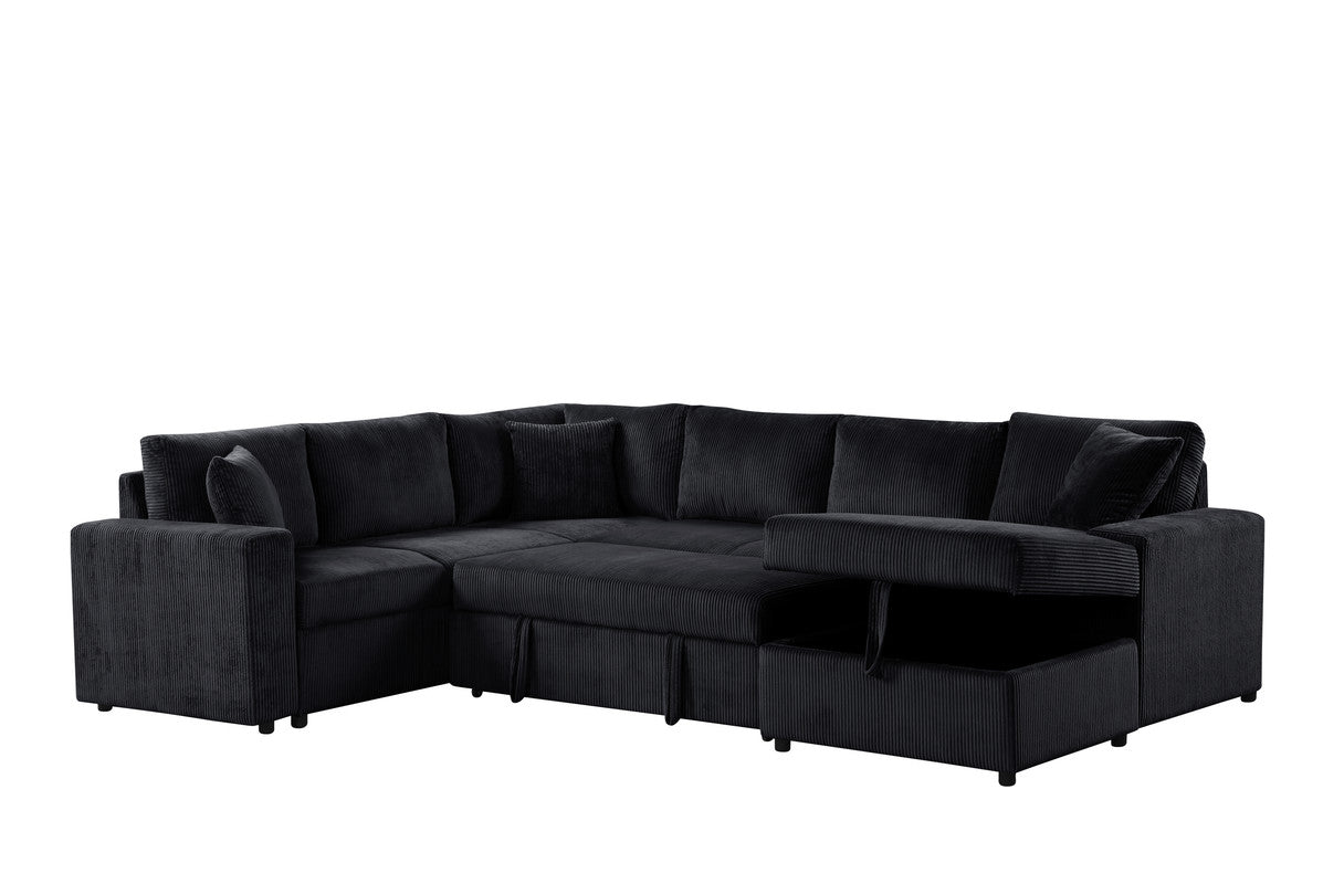 Ruxley Black 123"W Corduroy Sleeper Sectional Sofa with Right-Facing Storage Chaise