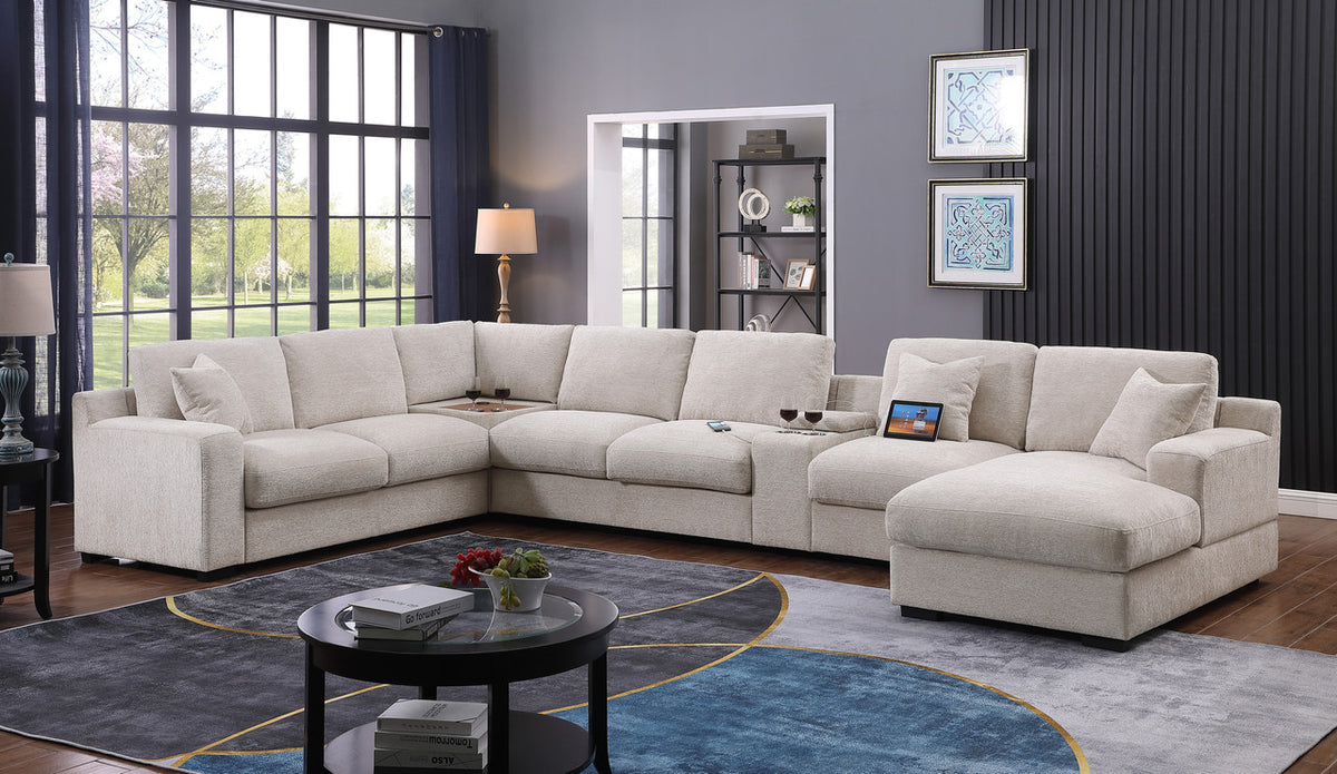 Celine Beige 141.5"W Chenille Corner Sectional Sofa with Right-Facing Chaise