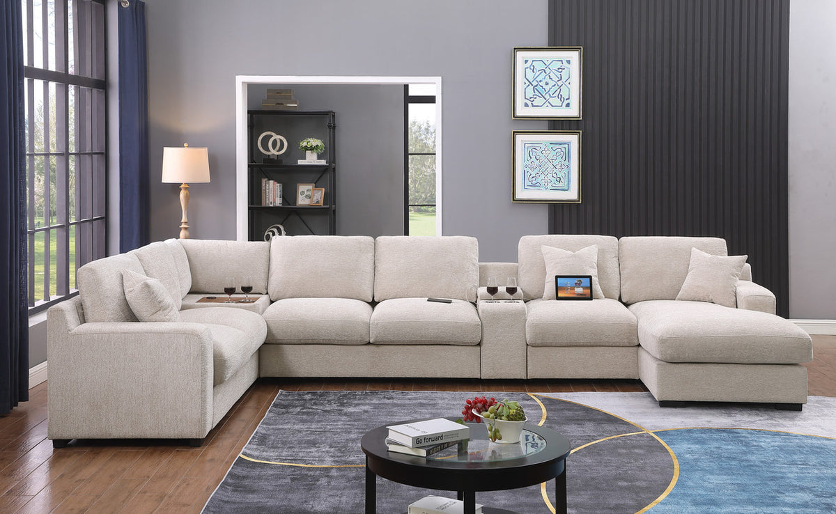 Celine Beige 141.5"W Chenille Corner Sectional Sofa with Right-Facing Chaise