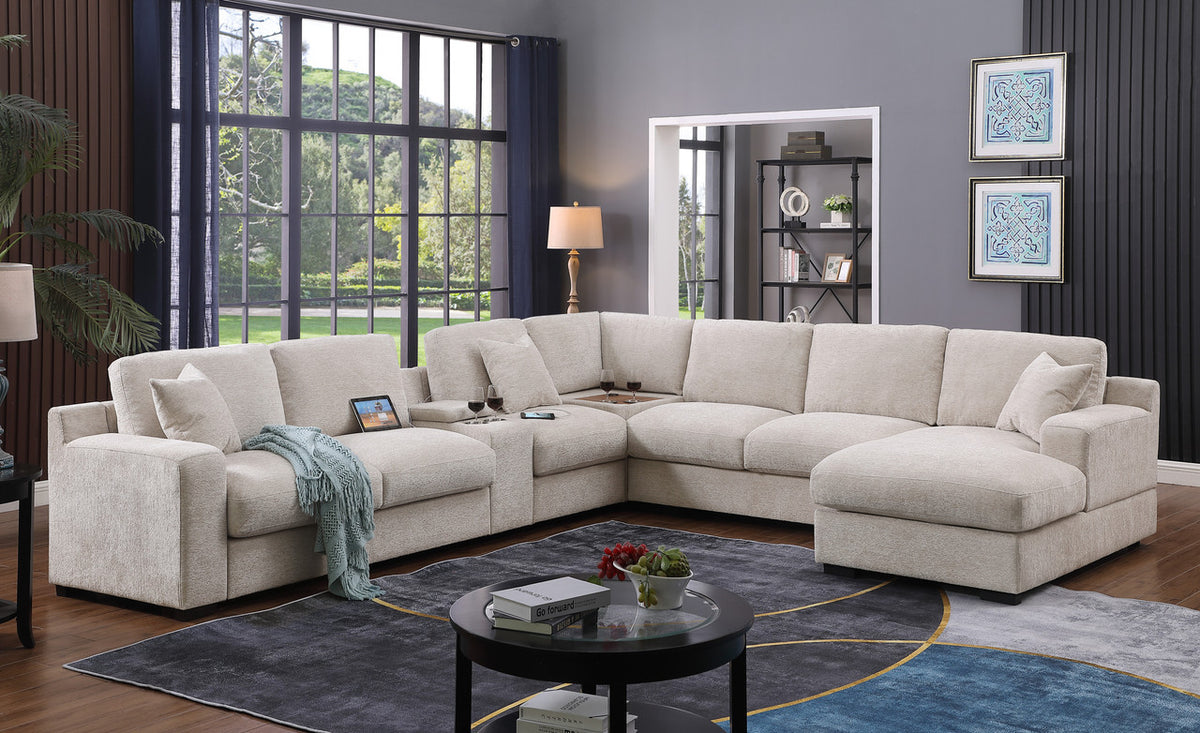 Celine Beige 141.5"W Chenille Corner Sectional Sofa with Right-Facing Chaise